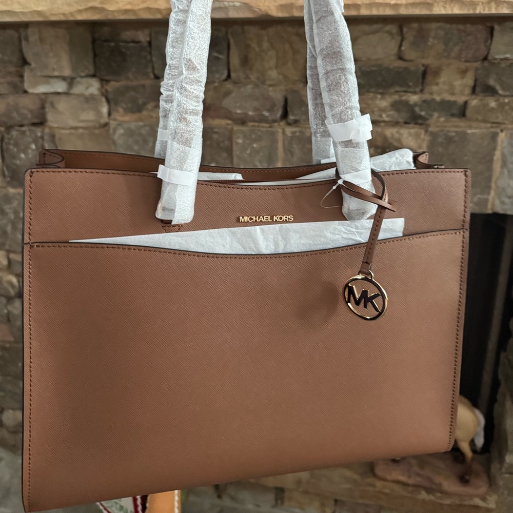 Michael Kors Cognac Saffiano Leather Tote with Gold MK Charm